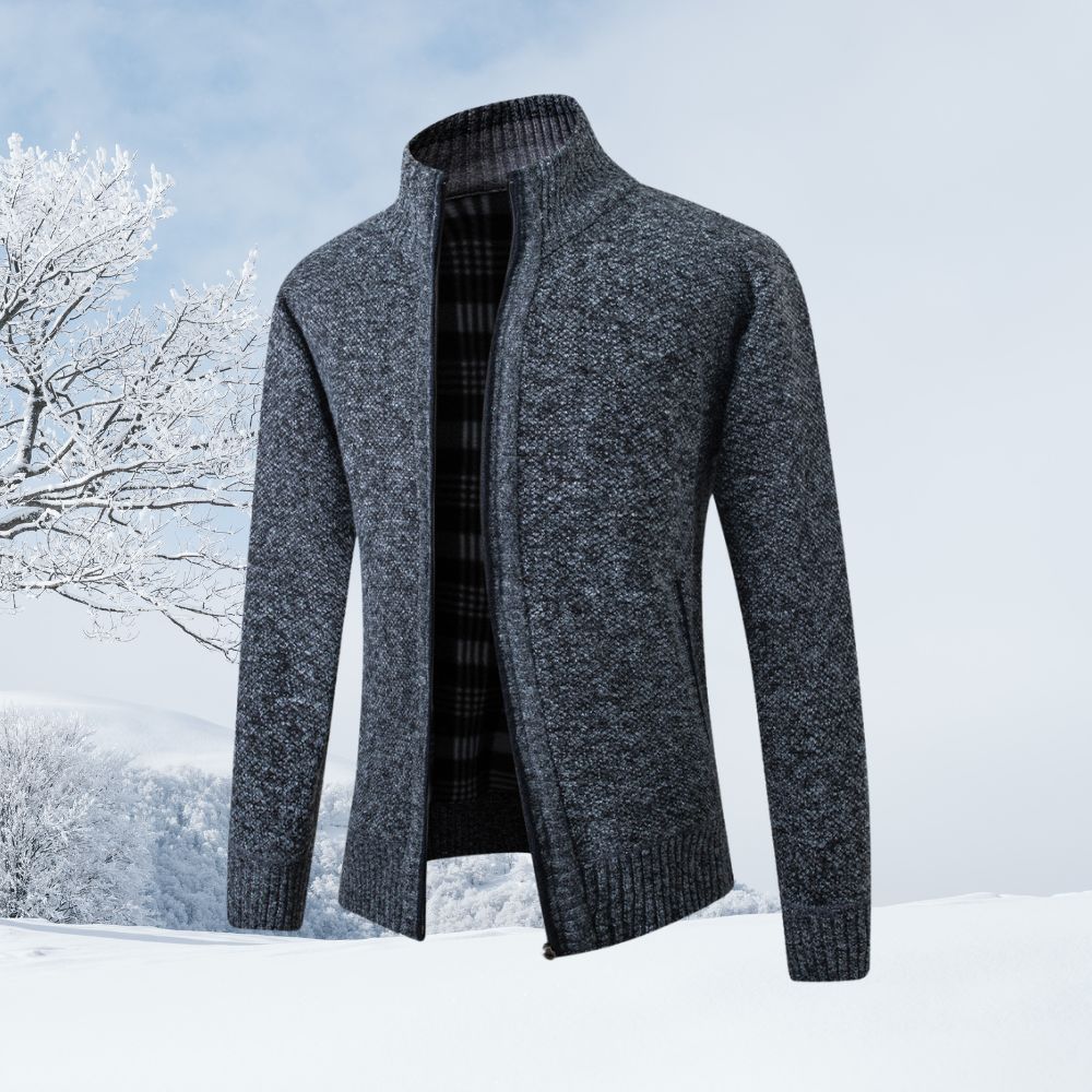 Langärmliger Herrenpullover aus verdicktem Samt mit Stehkragen