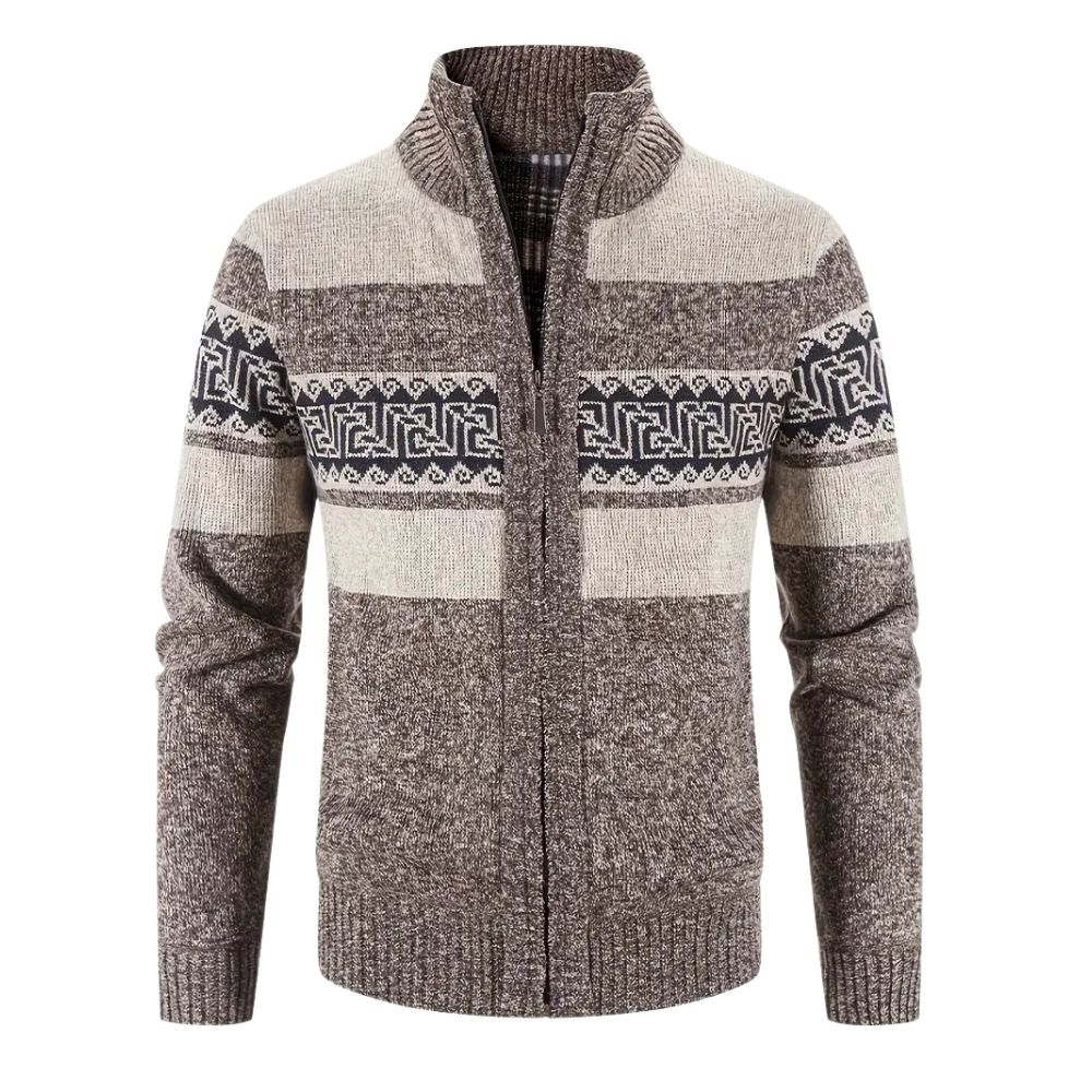 Herren-Strickjacke mit verdicktem Samt und Stehkragen und Reißverschluss