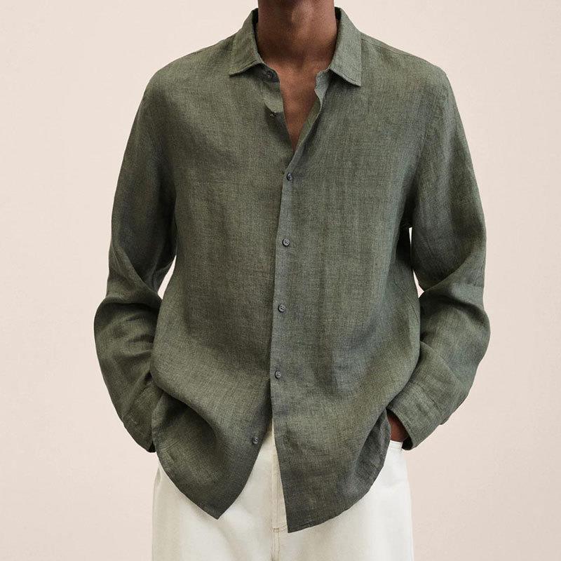 Chemise décontractée à manches longues en coton et lin pour homme