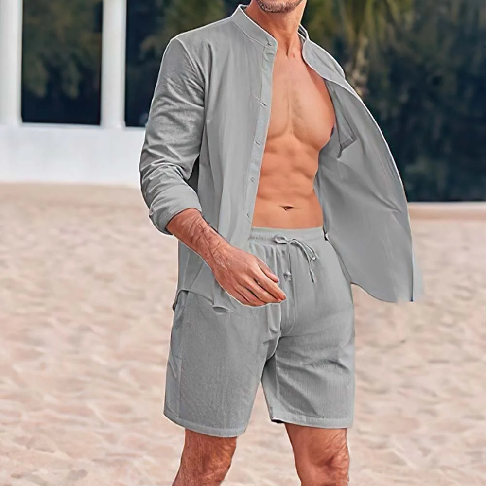 Ensemble deux pièces chemises et shorts en coton et lin pour hommes