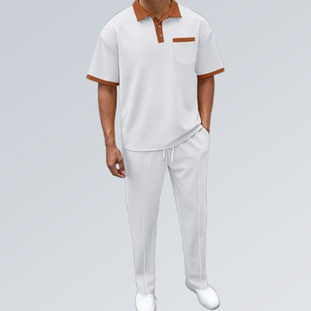 Lässiger Hosenanzug mit Waffelmuster und Colorblock-Revers für Herren, kurzärmelig