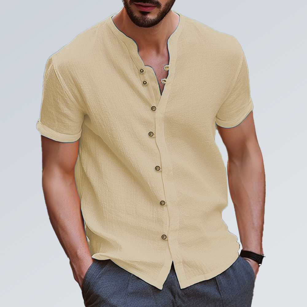 Einfarbiges Kurzarmhemd aus Baumwolle und Leinen für Herren