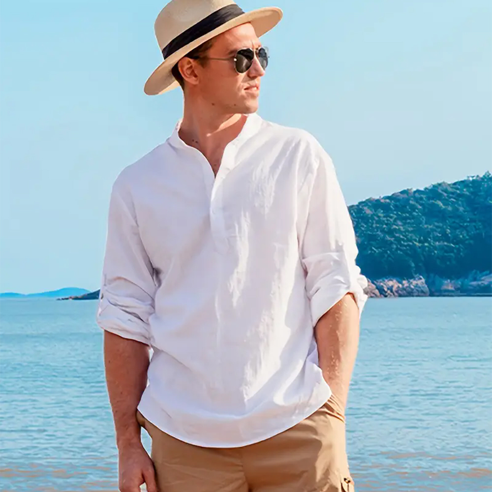 Einfarbiges Herrenhemd aus Baumwolle und Leinen mit langen Ärmeln und lockerem Stehkragen