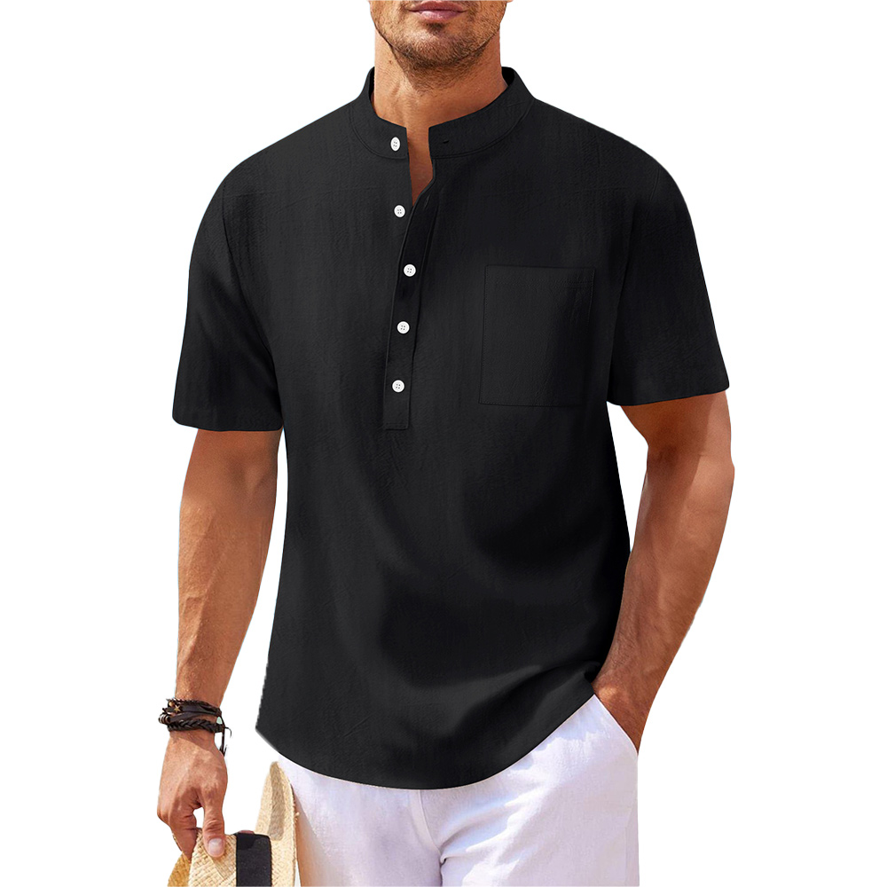 Lockeres Kurzarmhemd aus Baumwolle und Leinen mit Stehkragen für Herren