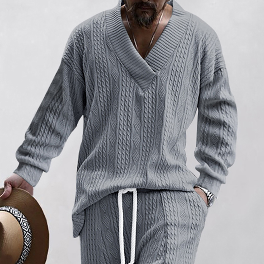 Pull tricoté jacquard ample décontracté à col en V pour hommes