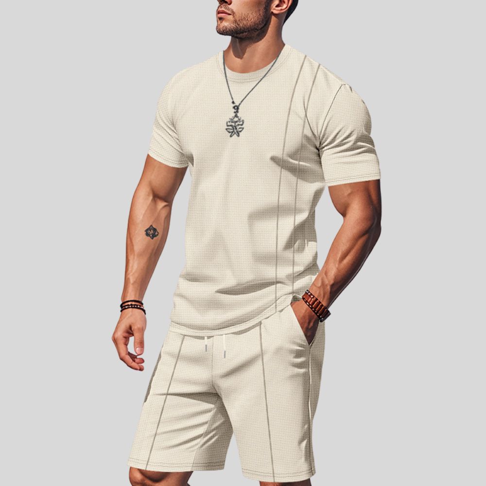 Herrenanzug mit Waffelmuster, einfarbig, Rundhalsausschnitt, kurzärmelig