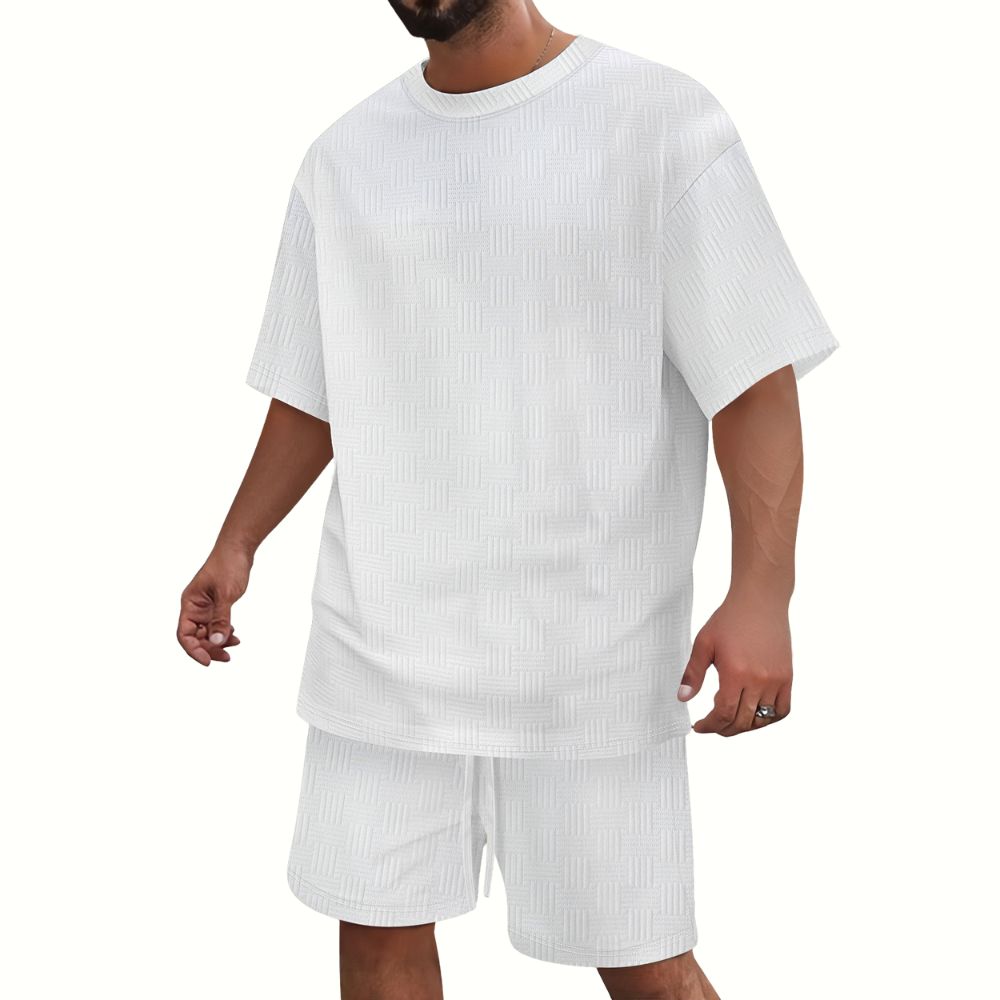 Sommer lässig Herren Jacquard einfarbig Rundhals T-Shirt Shorts Anzug