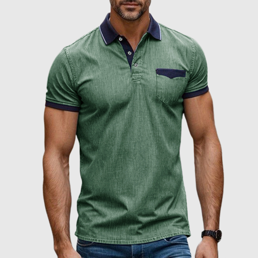 Herren Stretch Denim Strukturiertes Revers T-Shirt Kurzarm