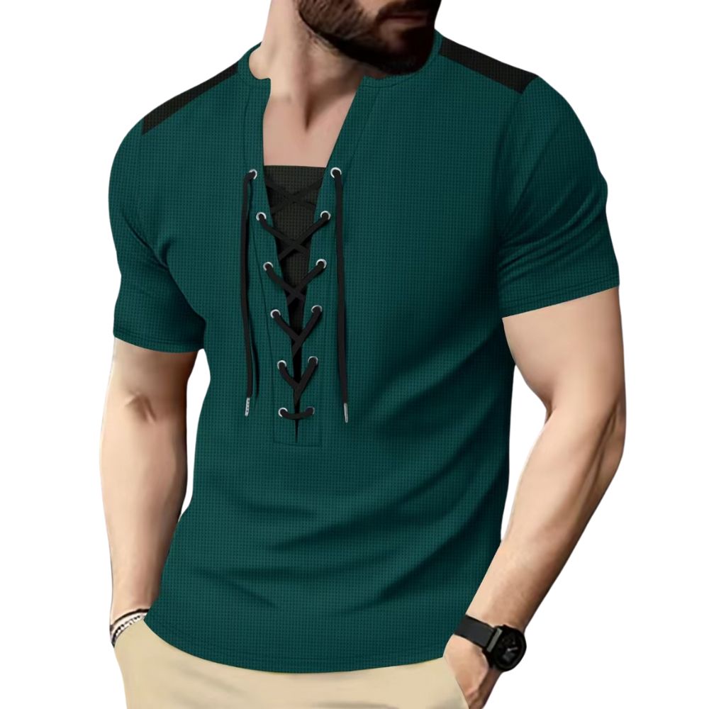 Vielseitiges, lässiges Kurzarm-T-Shirt mit Colorblock-Nähten und Kordelzug