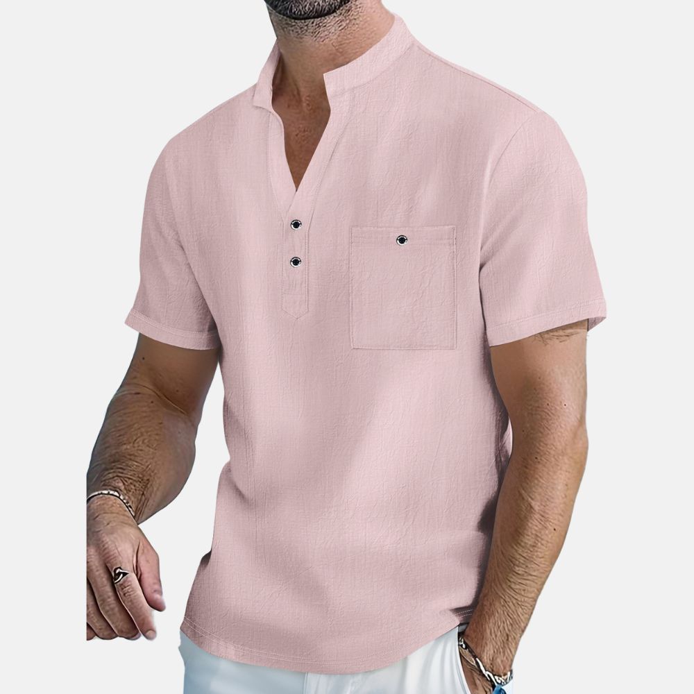 Lockeres, dünnes Kurzarmhemd aus Baumwolle und Leinen mit Stehkragen für Herren