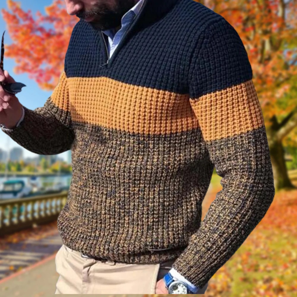 Pull décontracté à col zippé en blocs de couleurs pour hommes