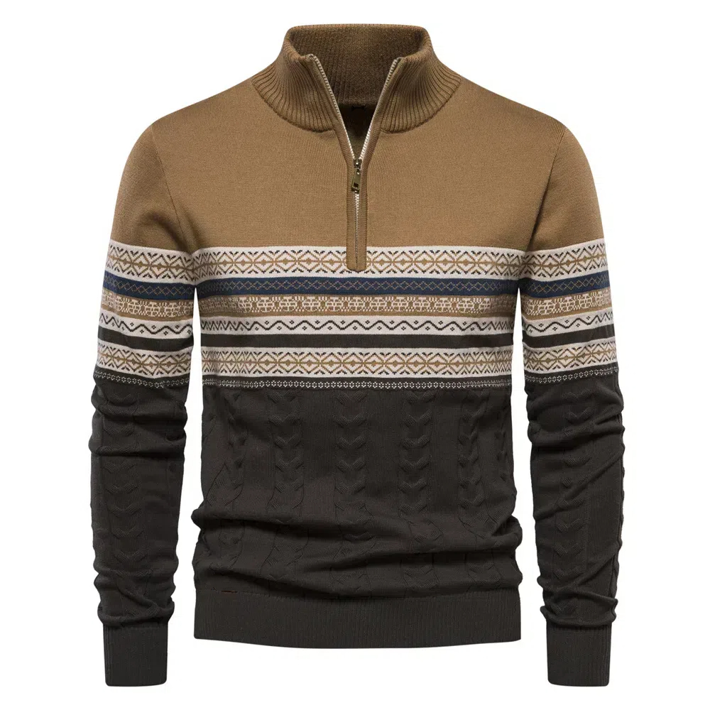 Pull demi-zippé en jacquard color block pour hommes