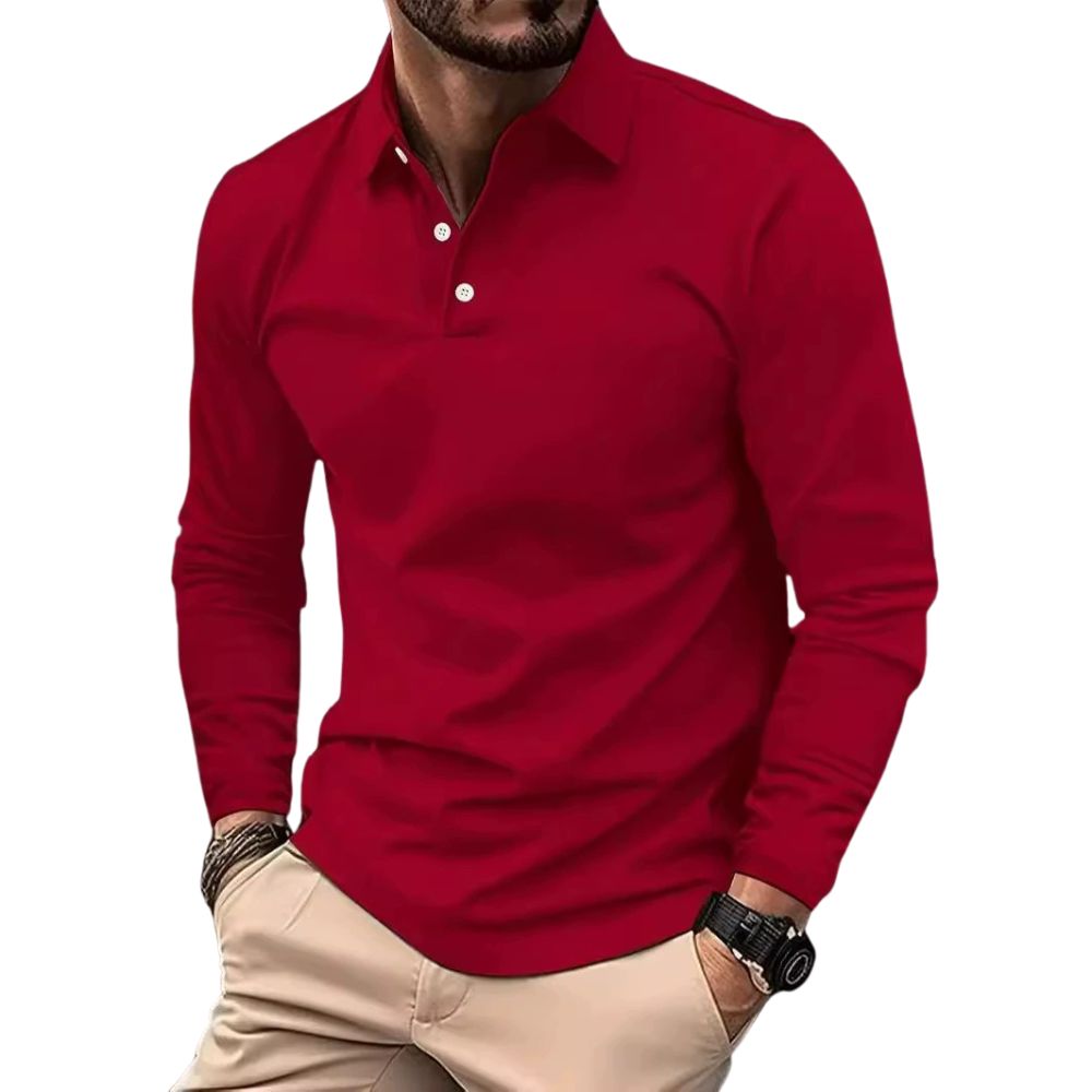 Polo décontracté à manches longues de couleur unie pour hommes