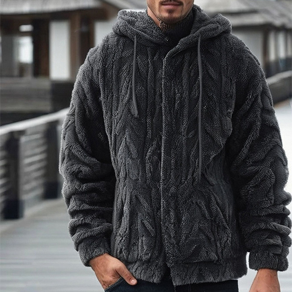 Herren-Winterjacke aus Korallensamt mit langen Ärmeln und Kapuze und Reißverschluss
