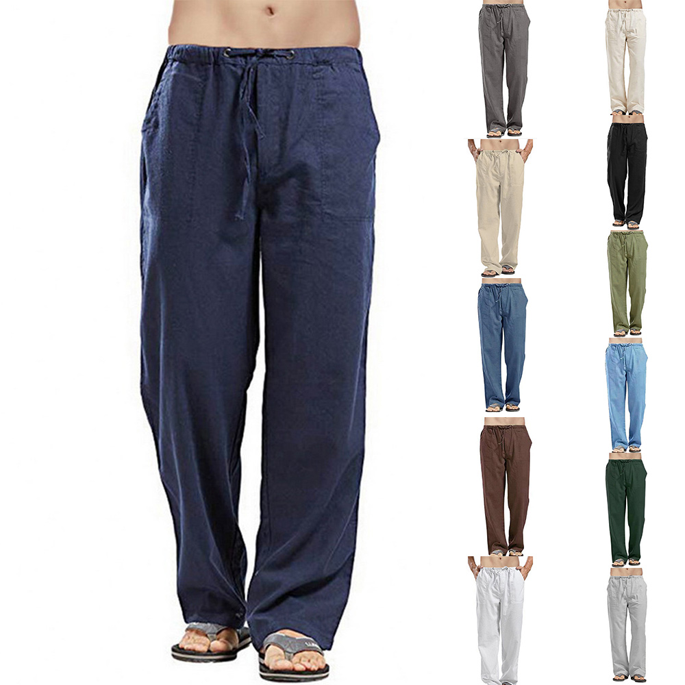Pantalon décontracté en lin ample de couleur unie pour hommes