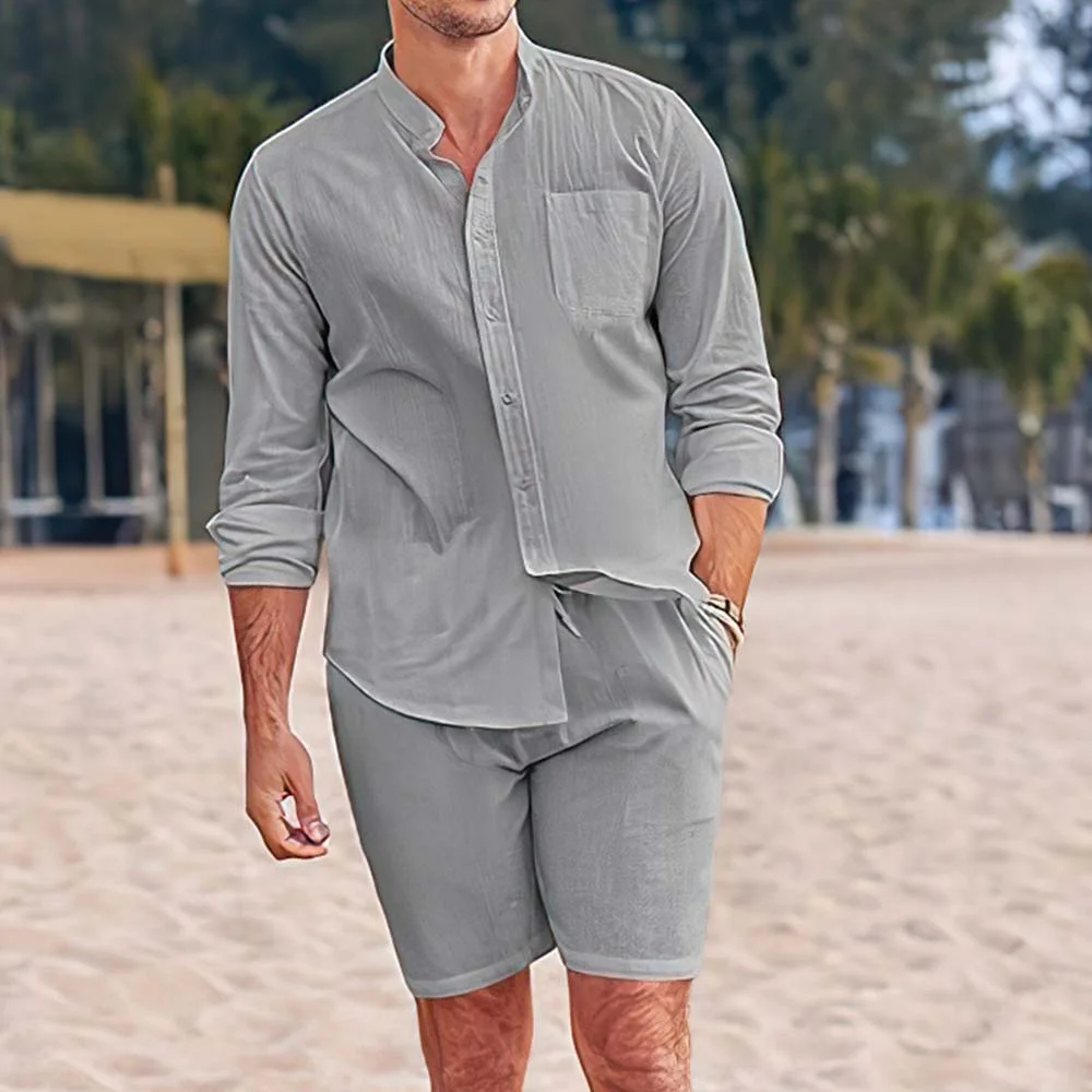 Ensemble deux pièces chemises et shorts en coton et lin pour hommes