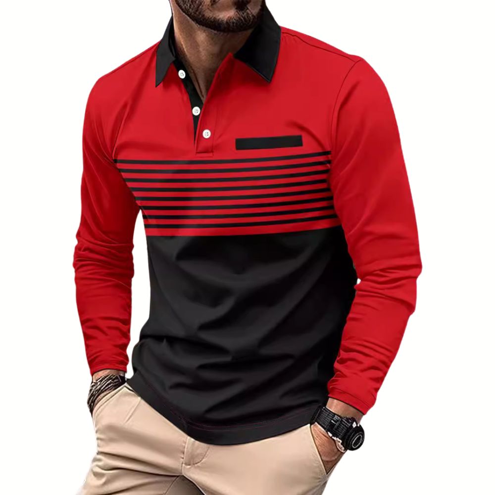 Frühling und Herbst Herren-Poloshirt mit Streifenmuster und Farbblock-Langarm