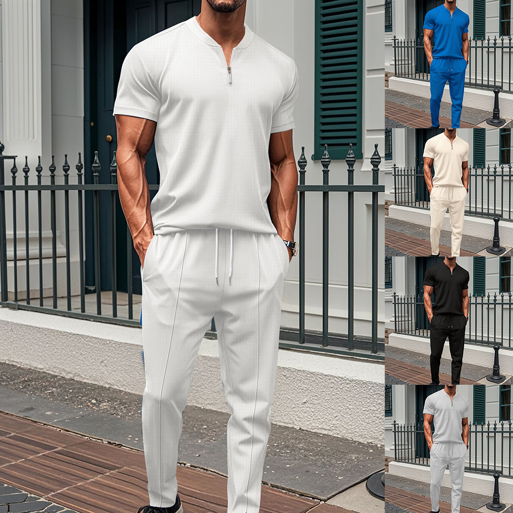 Ensemble deux pièces gaufré à manches courtes et pantalon pour homme