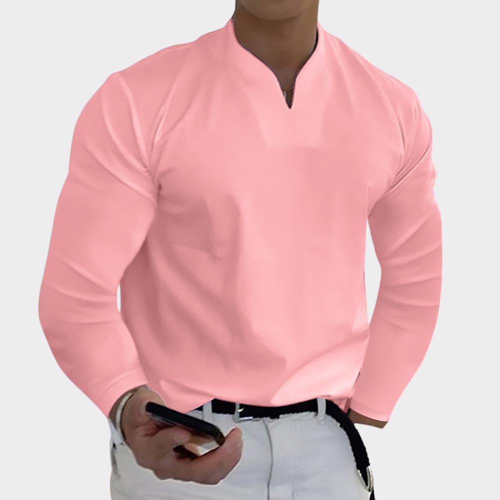 Lässiges, atmungsaktives, einfarbiges Langarm-T-Shirt mit V-Ausschnitt für Herren