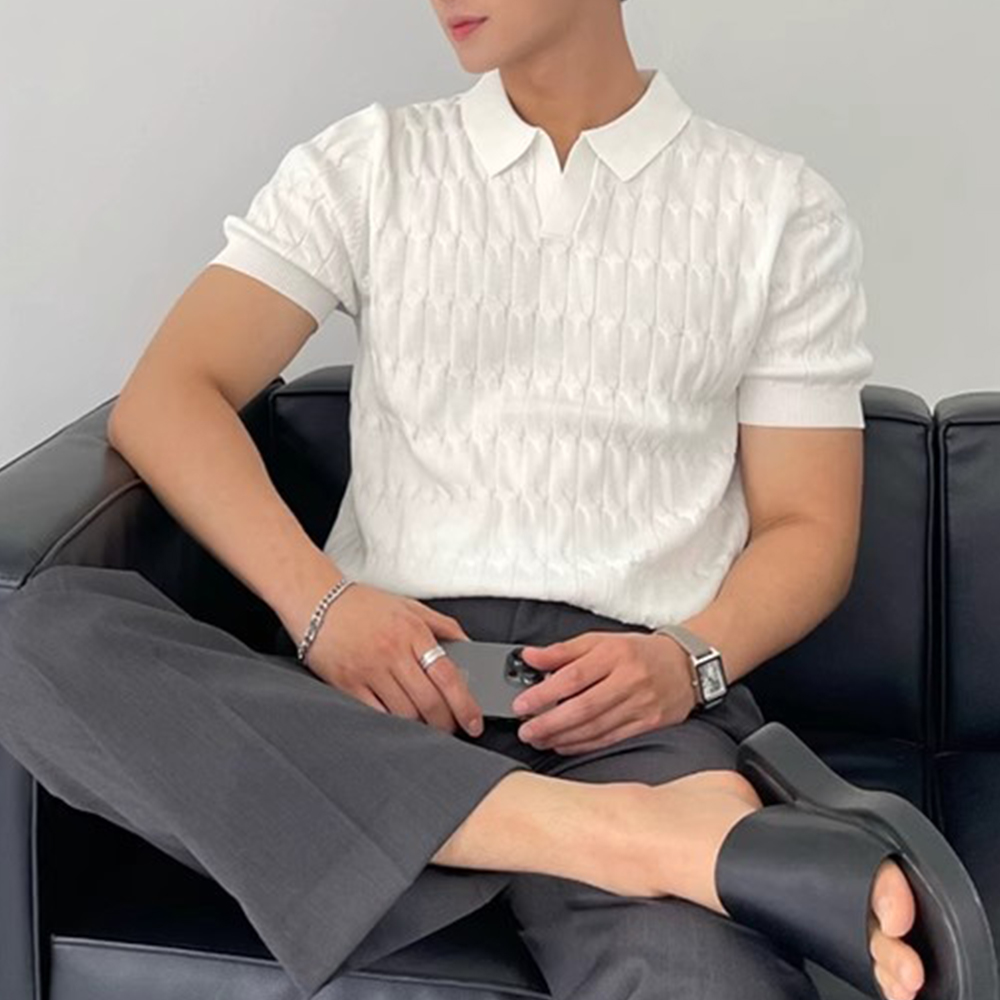 Atmungsaktiver Jacquard-Kurzarm-Strickpullover mit Revers für Herren