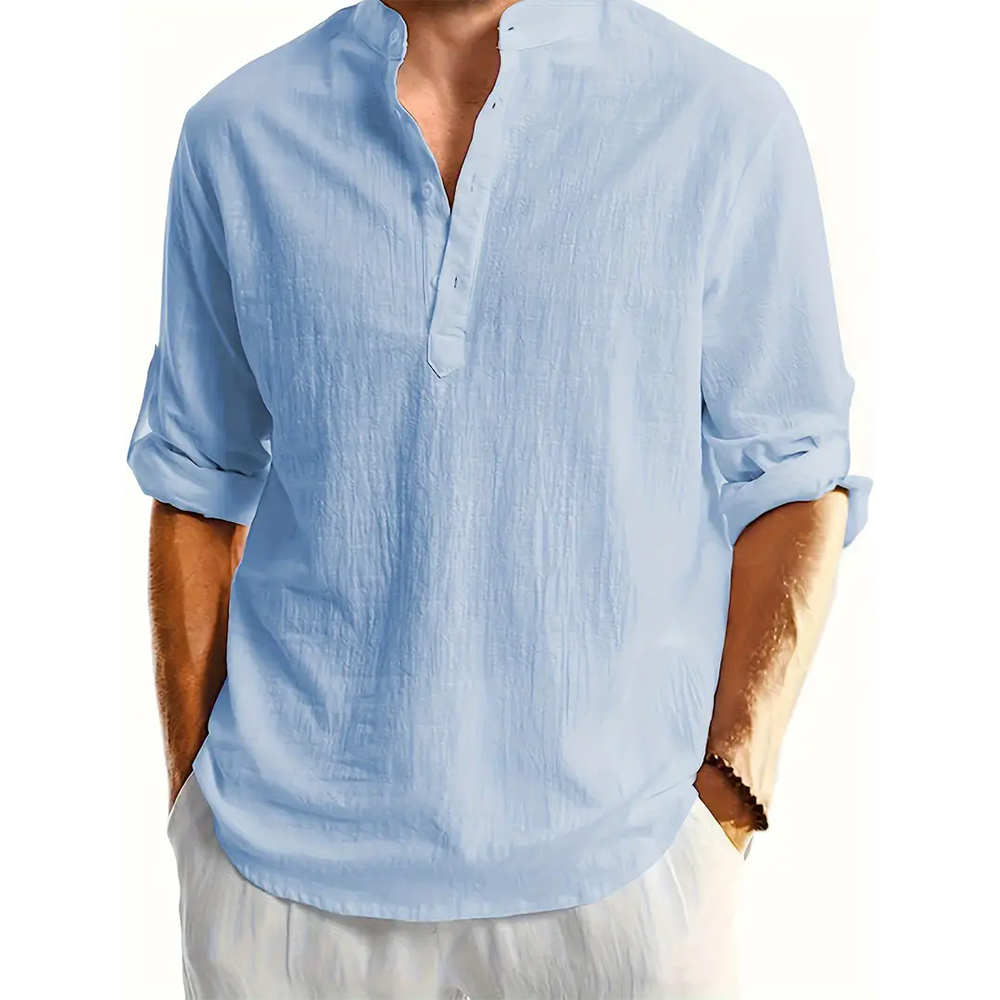 Einfarbiges Herrenhemd aus Baumwolle und Leinen mit langen Ärmeln und lockerem Stehkragen
