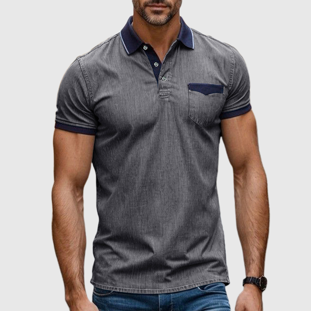 Herren Stretch Denim Strukturiertes Revers T-Shirt Kurzarm