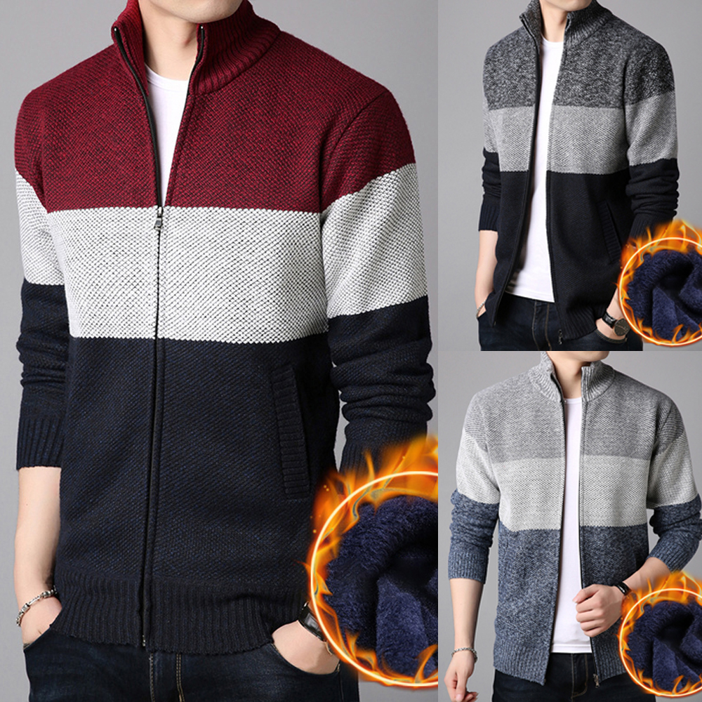 Herren-Pulloverjacke aus verdicktem Samt mit Farbblockierung und lässigem Stehkragen