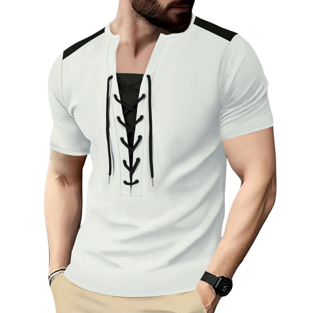 Vielseitiges, lässiges Kurzarm-T-Shirt mit Colorblock-Nähten und Kordelzug