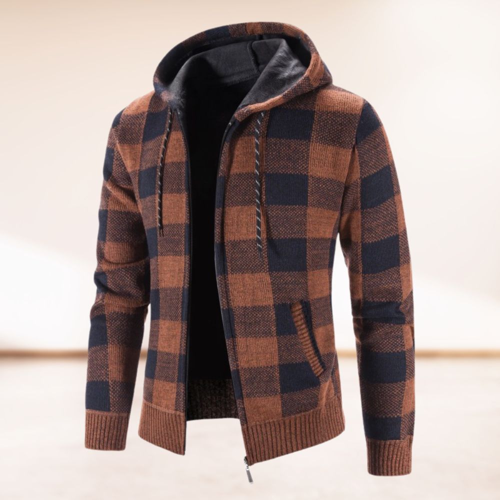 Modische Winter-Strickjacke mit samtverdicktem Karomuster und Kapuze