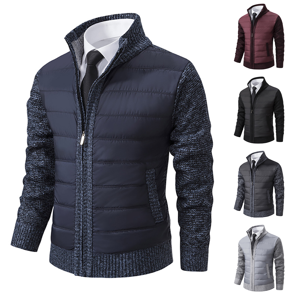Veste tricotée chaude à col montant en patchwork pour hommes