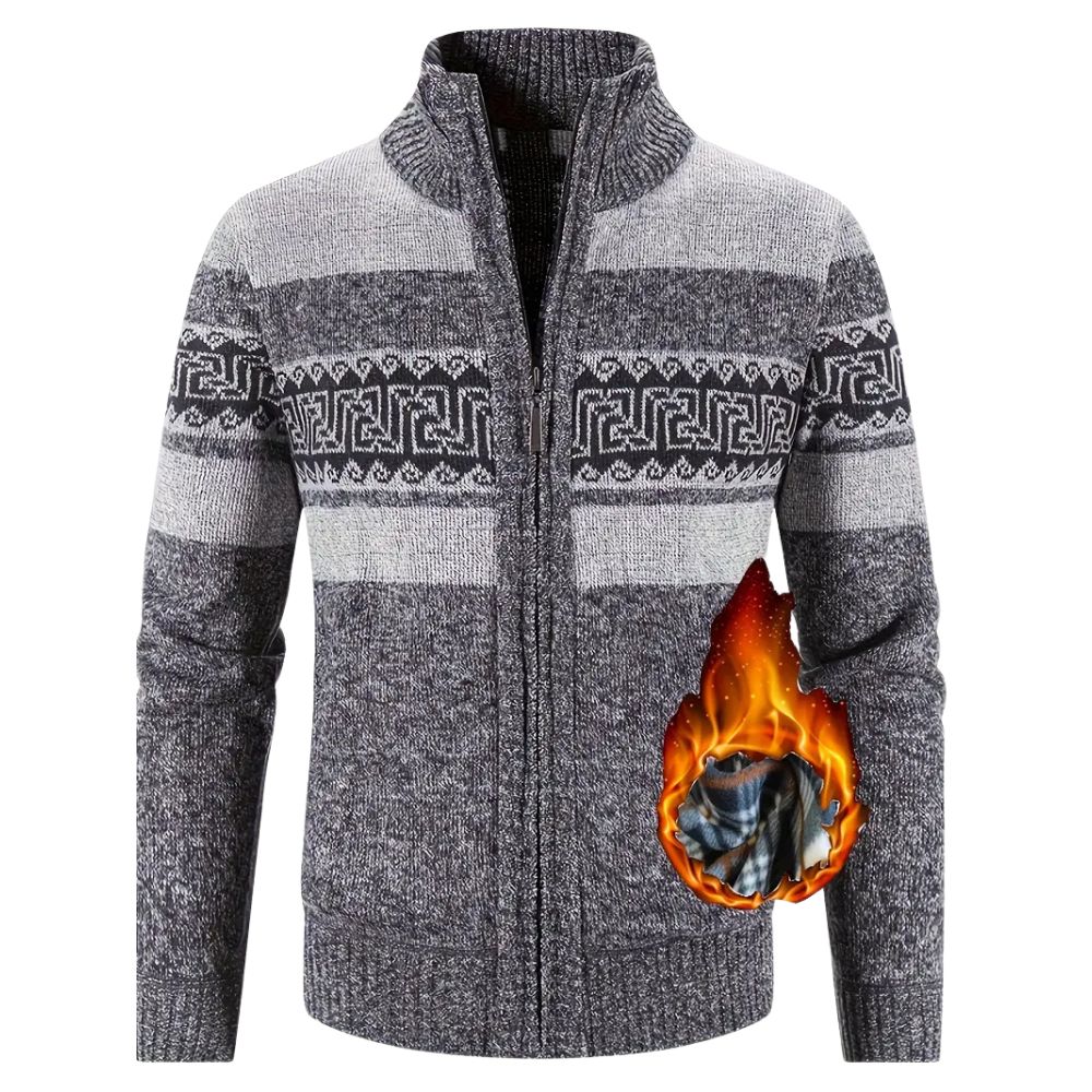 Herren-Strickjacke mit verdicktem Samt und Stehkragen und Reißverschluss