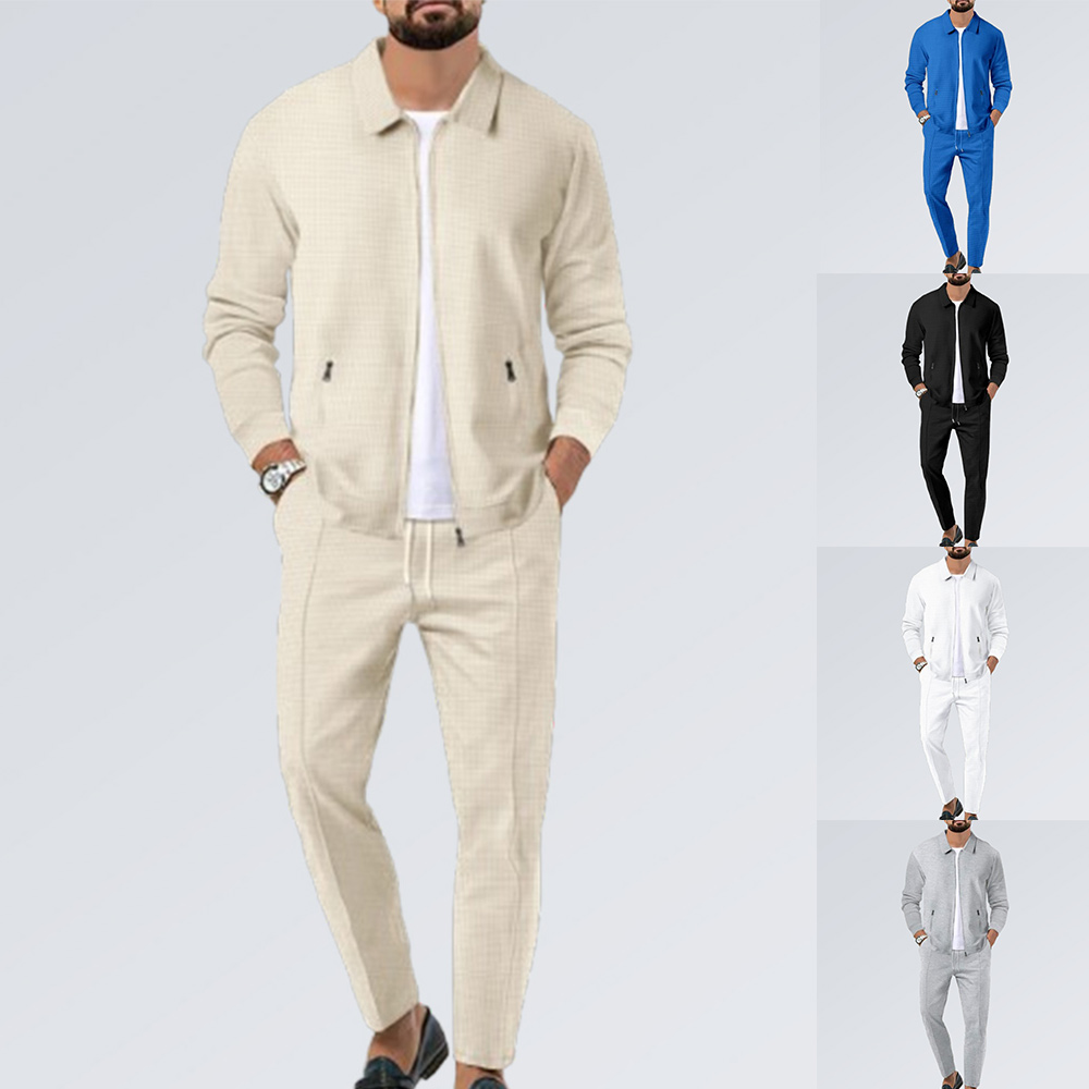 Herren-Hosenanzug mit Waffelmuster und Revers, Reißverschluss und langen Ärmeln