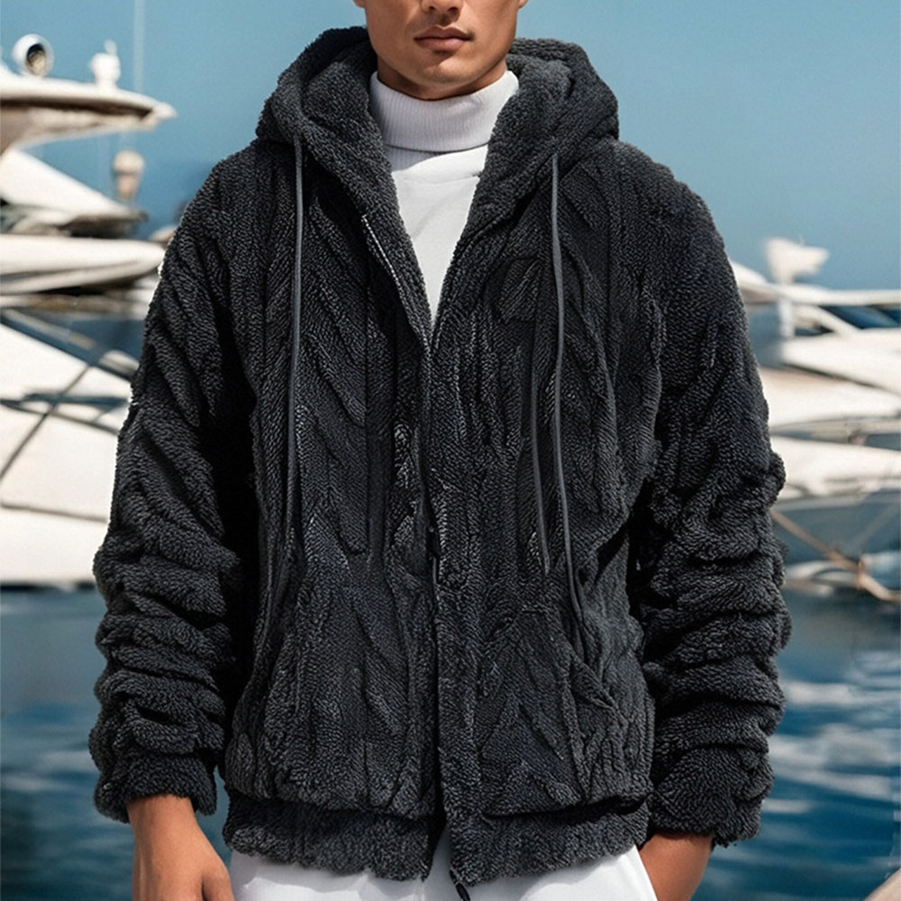 Herren-Winterjacke aus Korallensamt mit langen Ärmeln und Kapuze und Reißverschluss