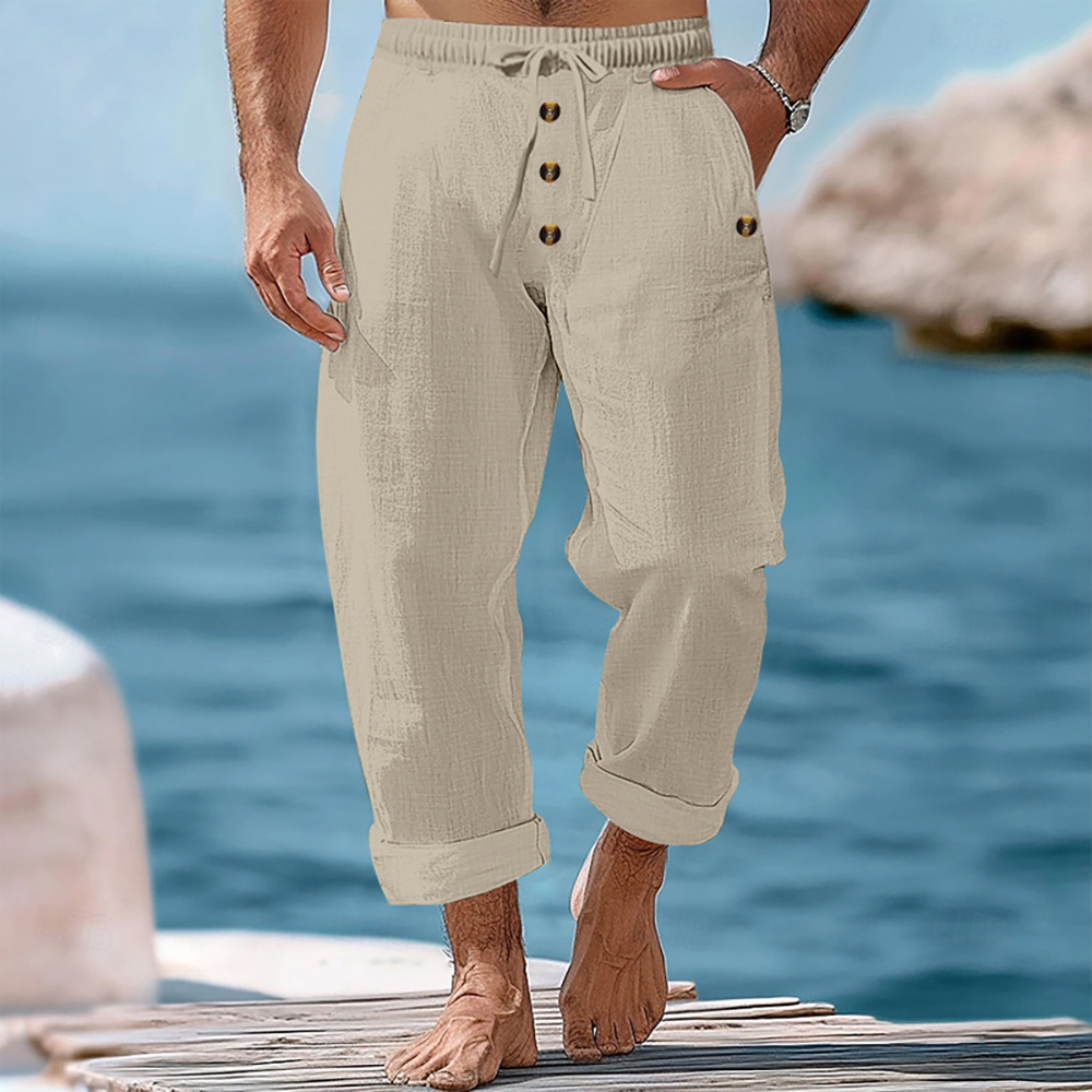 Pantalon décontracté ample à boutons en coton et lin pour homme