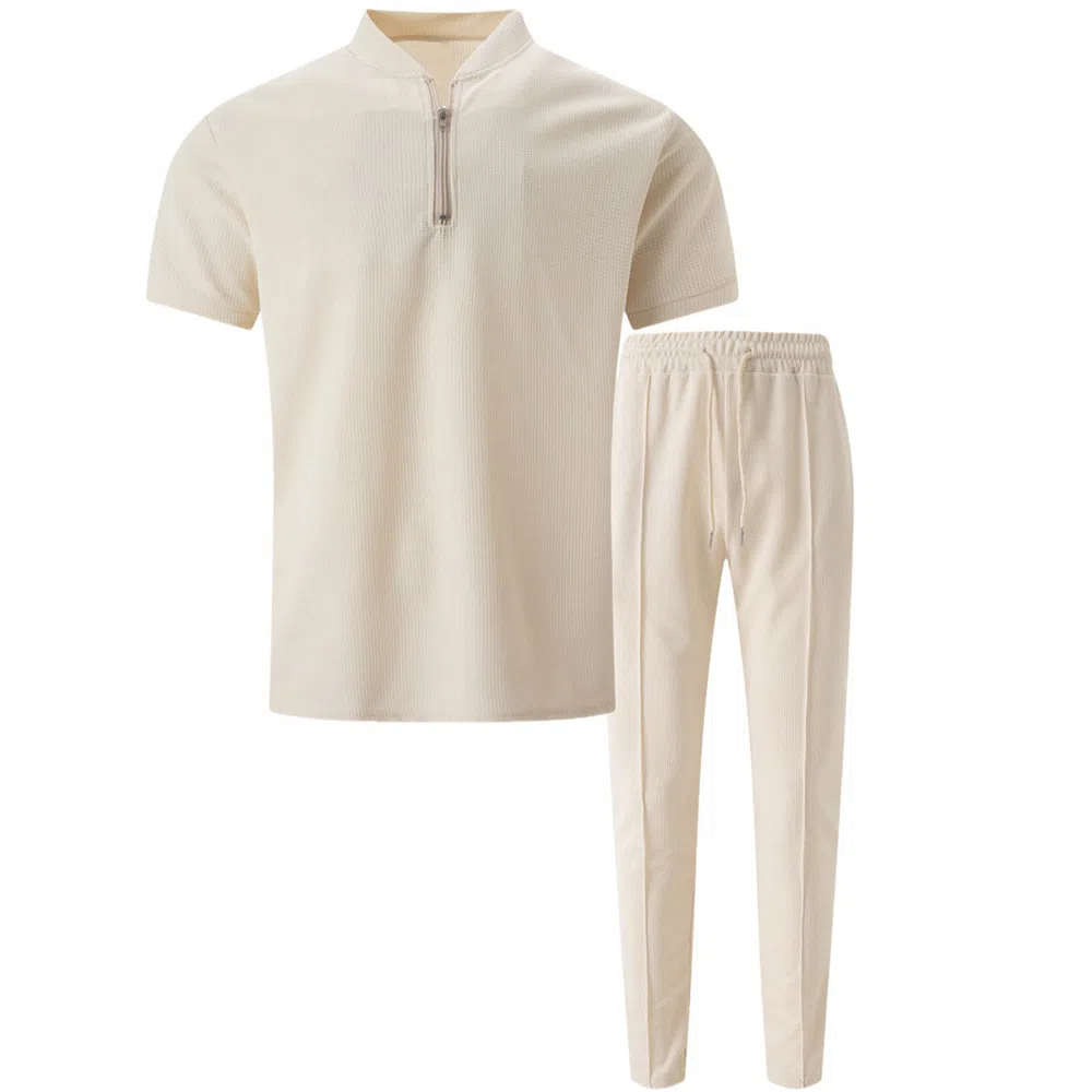 Ensemble deux pièces gaufré à manches courtes et pantalon pour homme