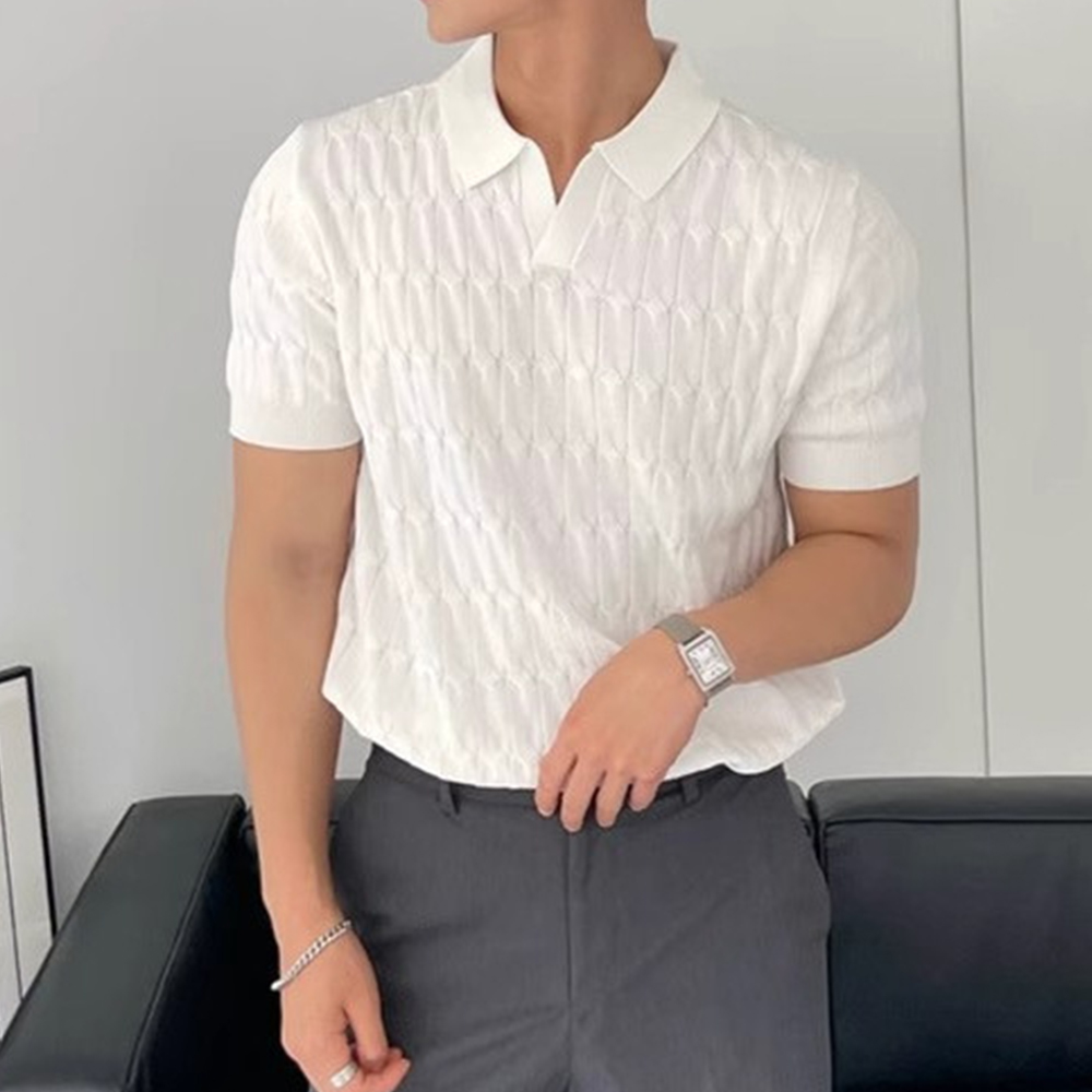 Atmungsaktiver Jacquard-Kurzarm-Strickpullover mit Revers für Herren