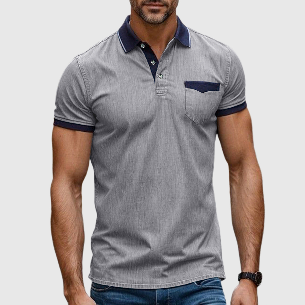 Herren Stretch Denim Strukturiertes Revers T-Shirt Kurzarm