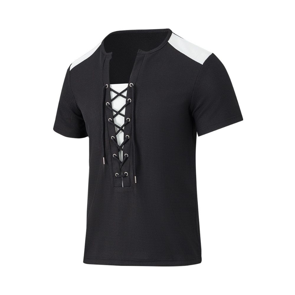 Vielseitiges, lässiges Kurzarm-T-Shirt mit Colorblock-Nähten und Kordelzug