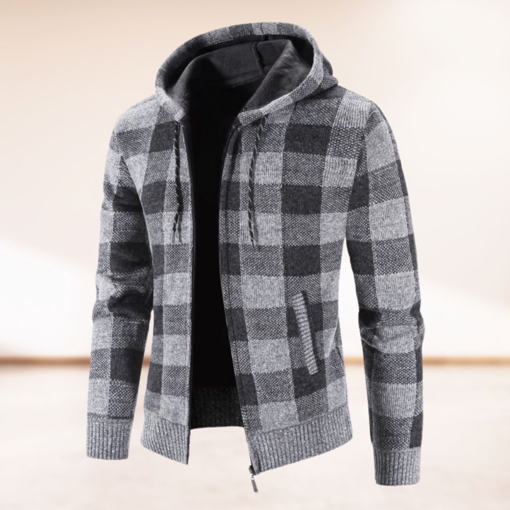 Modische Winter-Strickjacke mit samtverdicktem Karomuster und Kapuze