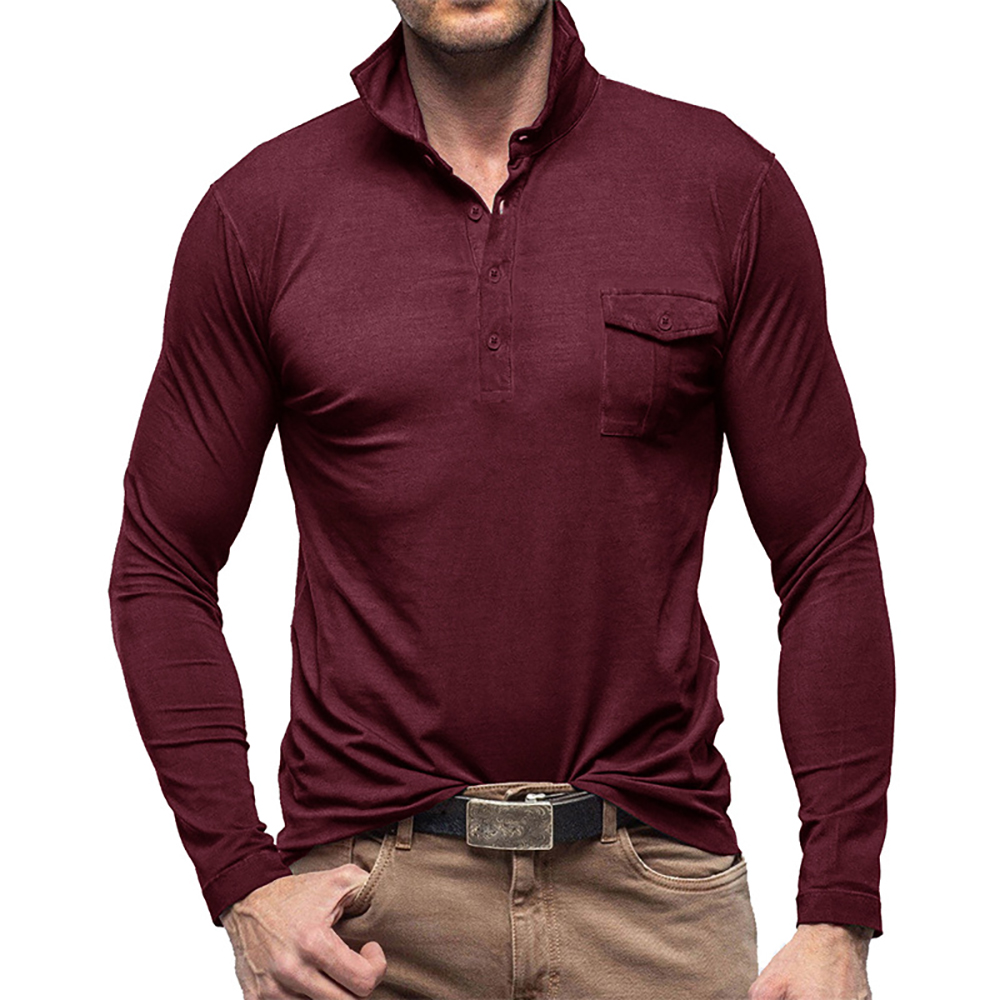 Polo à manches longues de couleur unie simple pour hommes
