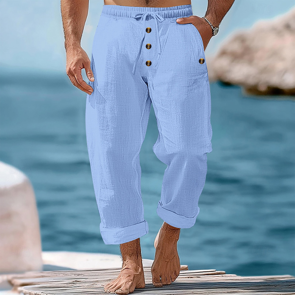 Pantalon décontracté ample à boutons en coton et lin pour homme