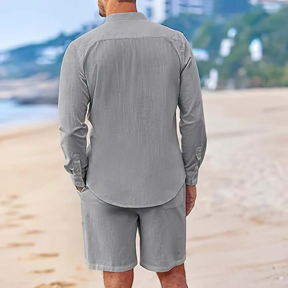 Ensemble deux pièces chemises et shorts en coton et lin pour hommes