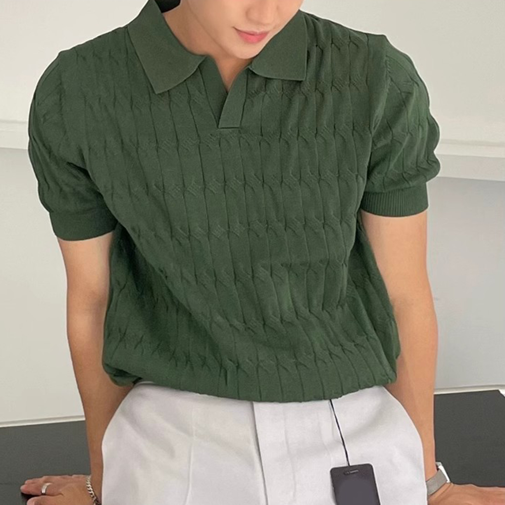 Atmungsaktiver Jacquard-Kurzarm-Strickpullover mit Revers für Herren