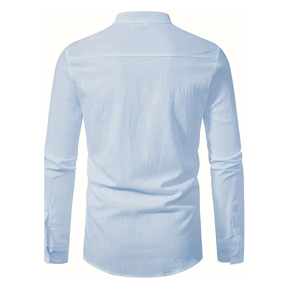 Einfarbiges Herrenhemd aus Baumwolle und Leinen mit langen Ärmeln und lockerem Stehkragen