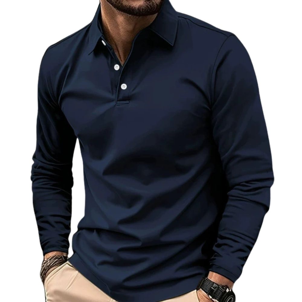 Polo décontracté à manches longues de couleur unie pour hommes