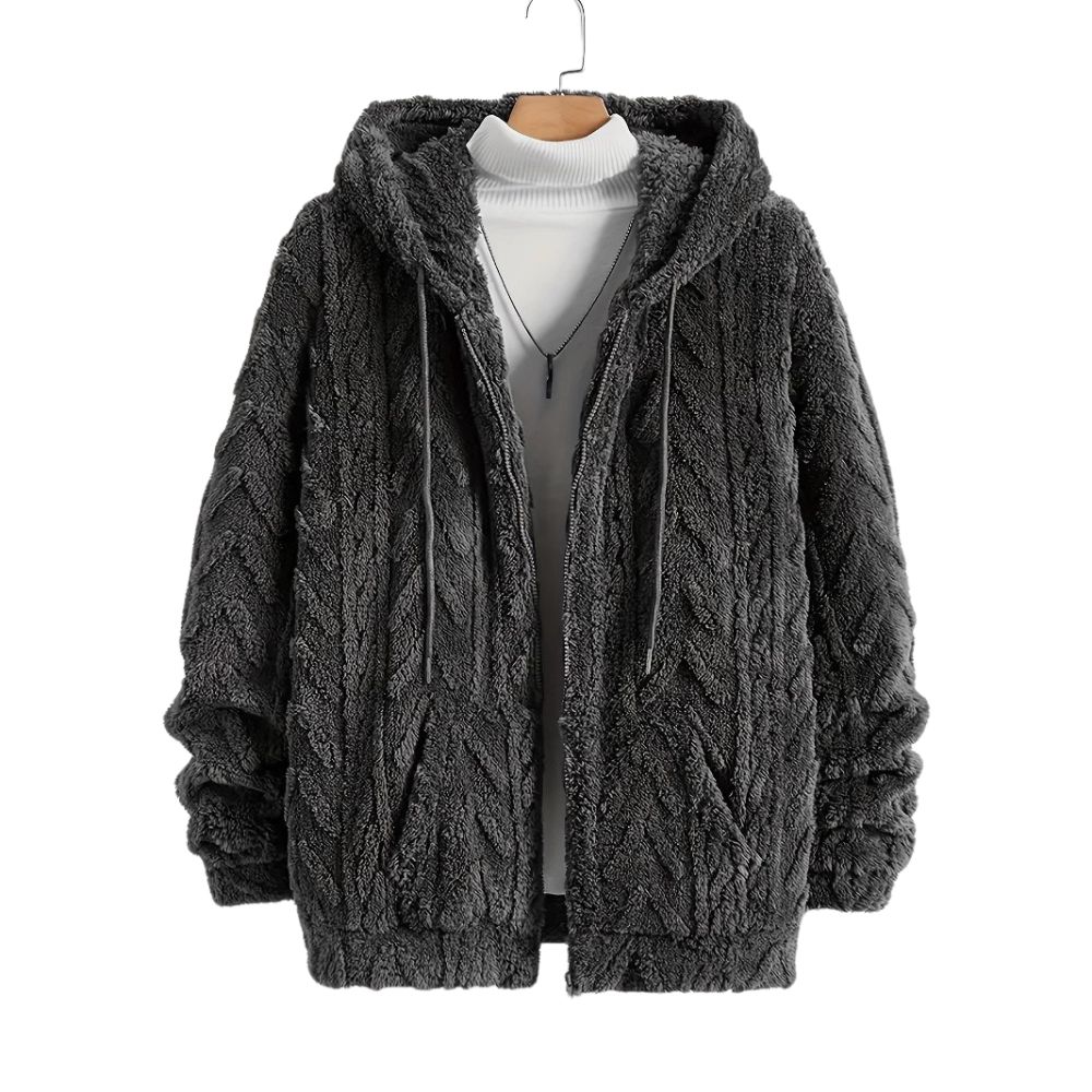 Herren-Winterjacke aus Korallensamt mit langen Ärmeln und Kapuze und Reißverschluss