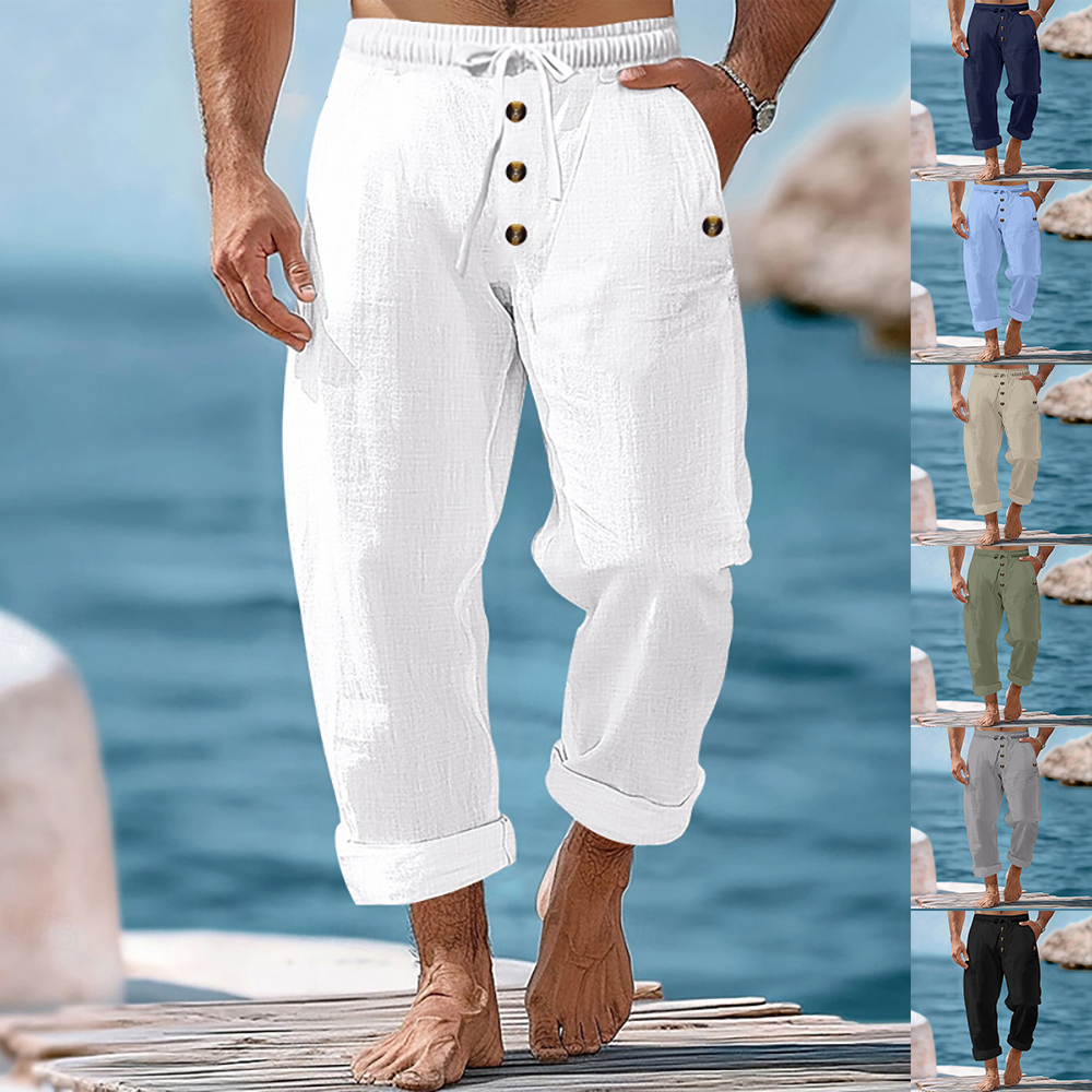 Pantalon décontracté ample à boutons en coton et lin pour homme