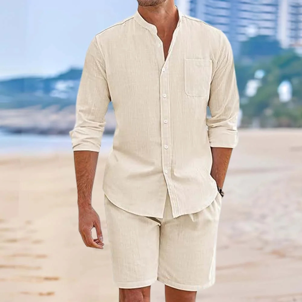 Ensemble deux pièces chemises et shorts en coton et lin pour hommes