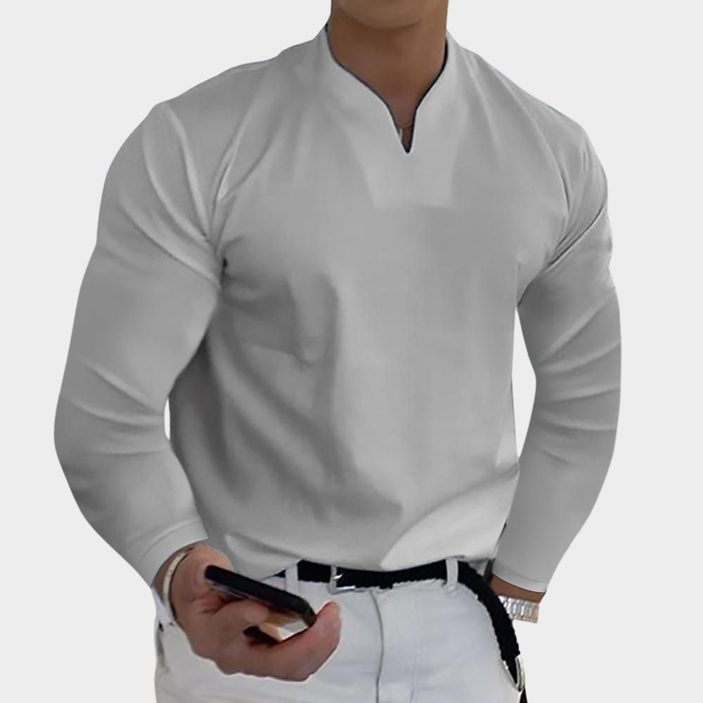 Lässiges, atmungsaktives, einfarbiges Langarm-T-Shirt mit V-Ausschnitt für Herren