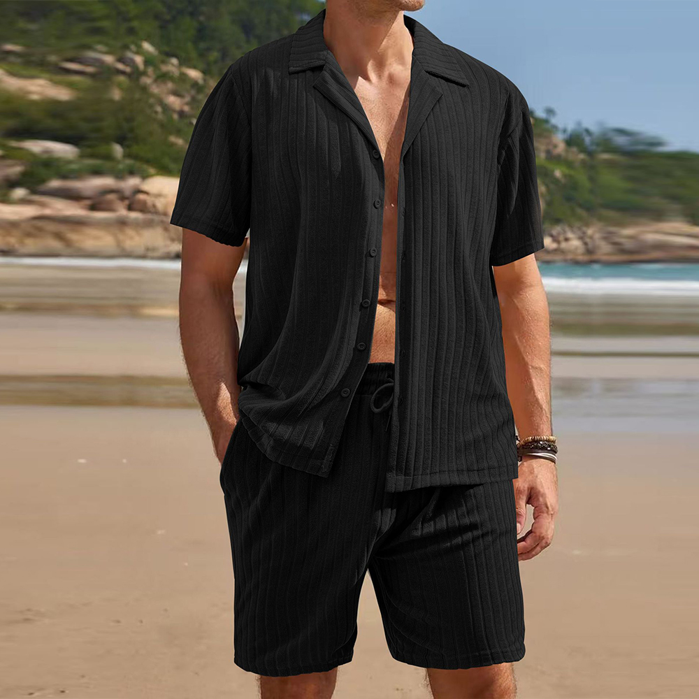 Herren-Jacquardhemd mit vertikalen Streifen und kurzen Ärmeln und Revers